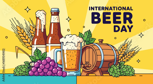 Cartoon illustration of beer bottles, frothy mug, wooden barrel, hops, wheat, and grapes under International Beer Day banner, symbolizing celebration, brewing tradition, and festive beer culture