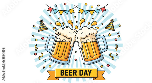 Cartoon illustration of two frothy beer mugs clinking together with confetti, banners, and festive decorations under a Happy Beer Day banner, symbolizing celebration, friendship, and beer culture