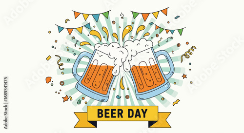 Cartoon illustration of two frothy beer mugs clinking together with confetti, banners, and festive decorations under a Happy Beer Day banner, symbolizing celebration, friendship, and beer culture