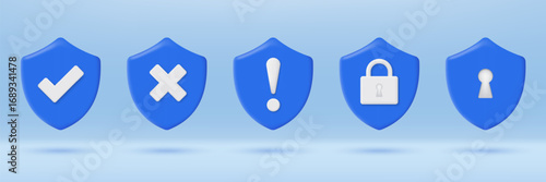 3D blue shield with sign icon. Security, exclamation, approved, check mark, tick, cross, padlock. Accepted and unaccepted security. Minimalist cartoon icon. Trendy and modern vector in 3d style.