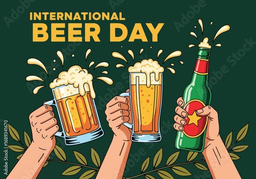 Colorful cartoon illustration of frothy beer mugs and bottles with hops, wheat, snacks, and festive decorations under International Beer Day banner, symbolizing celebration, brewing culture