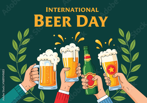 Colorful cartoon illustration of frothy beer mugs and bottles with hops, wheat, snacks, and festive decorations under International Beer Day banner, symbolizing celebration, brewing culture