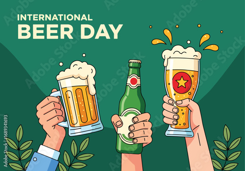 Colorful cartoon illustration of frothy beer mugs and bottles with hops, wheat, snacks, and festive decorations under International Beer Day banner, symbolizing celebration, brewing culture