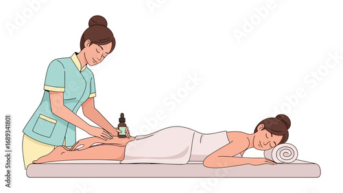 Skilled therapist applies soothing massage to a woman s back with a therapeutic oil bottle