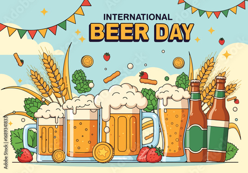 Cartoon illustration of frothy beer mugs, bottles, wheat, and wooden barrel with a hand raising a glass under a banner reading International Beer Day, symbolizing celebration and beer culture