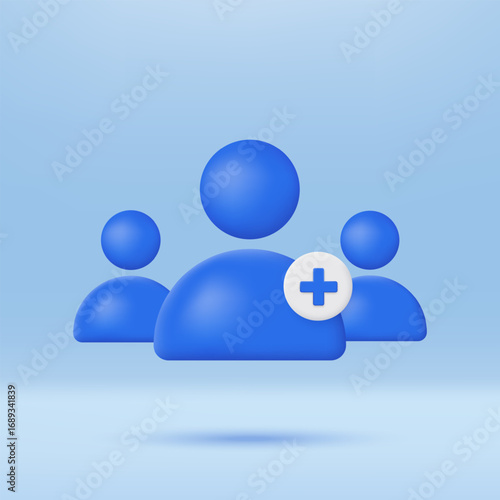 3D group icon with plus symbol. User icons add friends and create friend groups. Avatar, human, person, people icon. Social media concept.  Minimalist cartoon icon. Modern vector in 3d style.