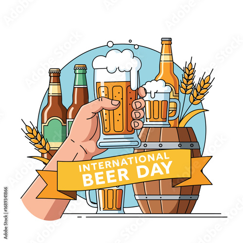 Cartoon illustration of frothy beer mugs, bottles, wheat, and wooden barrel with a hand raising a glass under a banner reading International Beer Day, symbolizing celebration and beer culture