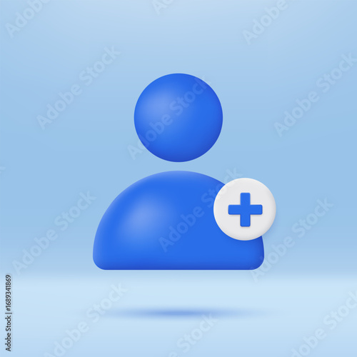3D add new user icon with plus symbol. Create group and new profile account. Avatar, human, person, people icon. Social media concept.  Minimalist cartoon icon. Trendy and modern vector in 3d style.
