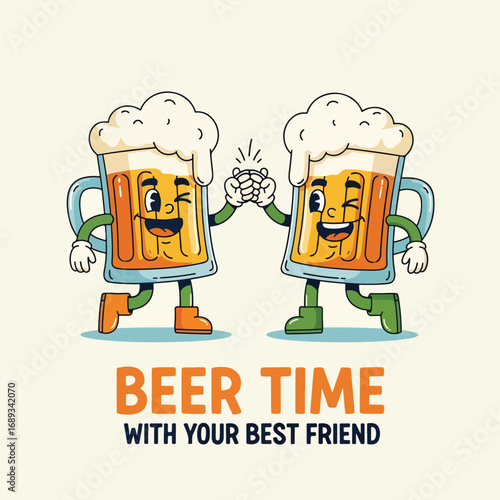 Cartoon illustration logo of two cheerful beer mugs clinking together with smiling faces, symbolizing friendship, celebration, Oktoberfest, pub culture, and fun beer advertising design