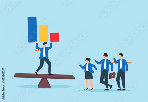Flat illustration of business leader balancing colorful charts on seesaw while team coordinates productivity strategy