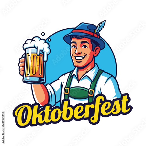 Cartoon Logo illustration of a smiling man in Bavarian outfit holding a frothy beer mug, symbolizing Oktoberfest, German beer culture, celebration, and festive pub advertising