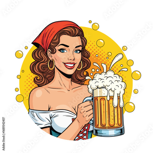 Cartoon logo illustration of a smiling woman in traditional Bavarian outfit holding a frothy beer mug, symbolizing Oktoberfest, German beer culture, celebration, and festive pub advertising
