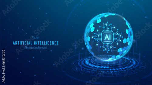 Concept of artificial Intelligence and security. Protection shield with AI chipset icon inside a transparent sphere shield with hexagon pattern on digital glowing background. vector illustration.