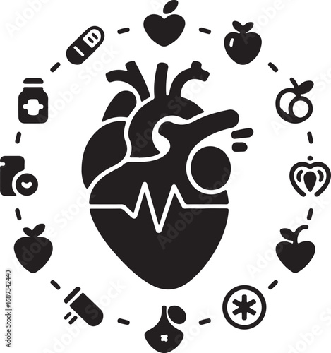 Healthy Heart: Medical Icons and Fruits for Cardiovascular Wellness.  This black and white graphic depicts a healthy heart surrounded by various medical and healthy lifestyle icons, including fruits, 