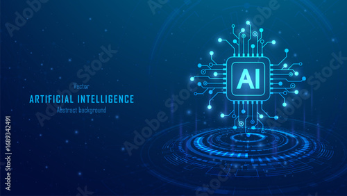 Future cybernetic artificial intelligence technology concept. AI chip on a digital glowing background. Deep learning, modern engineering, internet systems, and communication. Vector illustration.