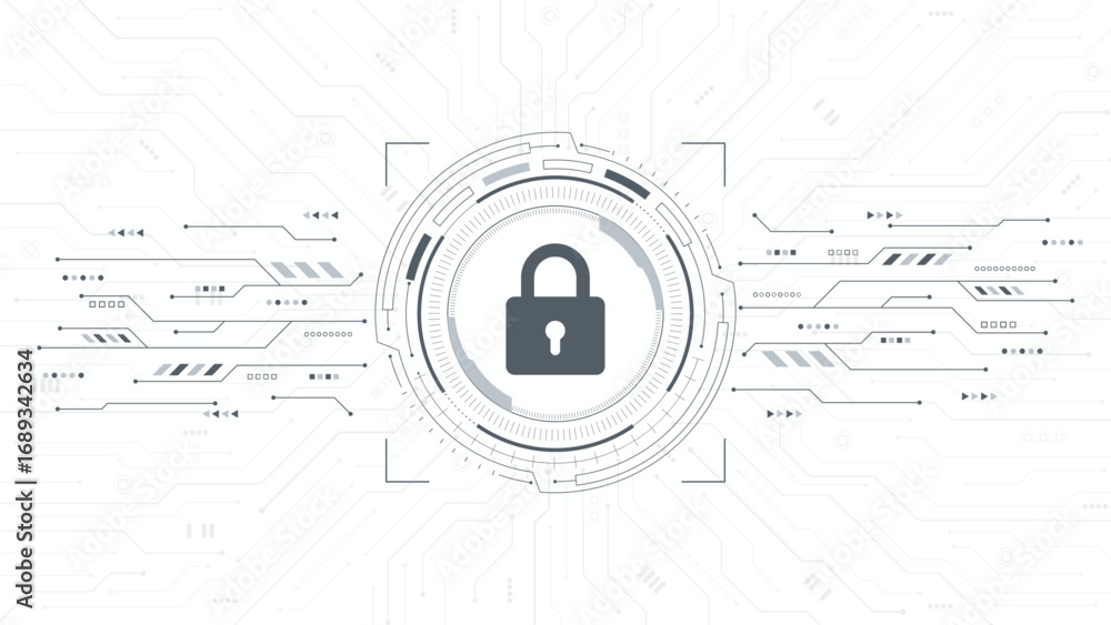 Obraz premium Concept of cyber security and digital protection technology. Padlock on HUD frame and circuit board. Password privacy on an online system, secure data from crime, virus cyber. Vector illustration.