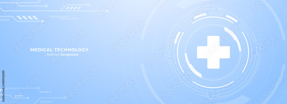 Obraz premium Concept of healthcare and medical technology. Health cross on abstract hi-tech future blue background. Virtual doctor, medical assistant, and innovation medicine. vector illustration.