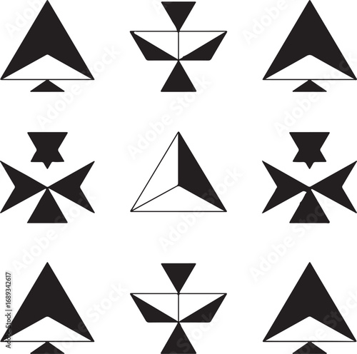Geometric design pattern of black and white stylized triangles.  A graphic design featuring a repeating pattern of nine unique geometric shapes composed of triangles and other angular forms.