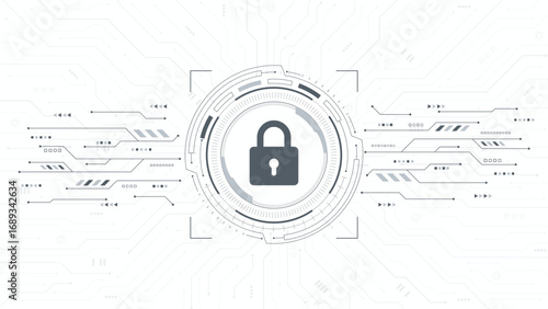 Concept of cyber security and digital protection technology. Padlock on HUD frame and circuit board. Password privacy on an online system, secure data from crime, virus cyber. Vector illustration.