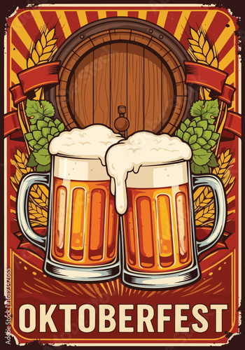 Vintage Poster Banner of Oktoberfest with frothy beer mugs, wooden barrel, hops, and wheat, symbolizing German beer festival, celebration, brewing tradition, and festive advertising design
