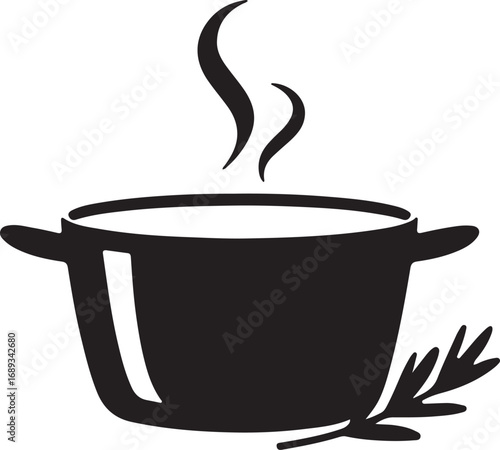 Simple black and white illustration of a steaming pot and herbs. A stylized, black and white graphic of a pot with steam rising from it, and a sprig of herbs beneath.