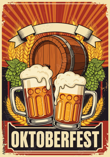 Vintage Poster Banner of Oktoberfest with frothy beer mugs, wooden barrel, hops, and wheat, symbolizing German beer festival, celebration, brewing tradition, and festive advertising design