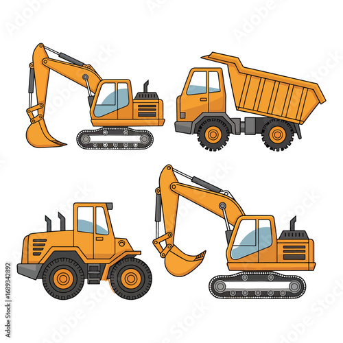 Cartoon Construction Vehicles Vector Set Digger, Dump Truck, Loader, Excavator