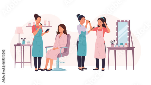 Stylists applying makeup and styling hair for clients in a modern beauty salon setting