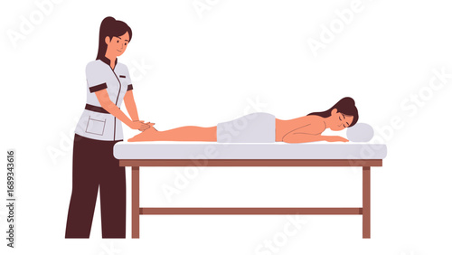 Professional masseuse providing a therapeutic leg massage to a client lying on a spa treatment table