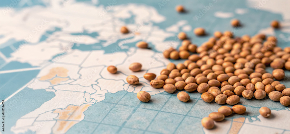 Fototapeta premium Soybean seed scattered on world map highlight global food supply challenges and agricultural trade issues for sustainable development