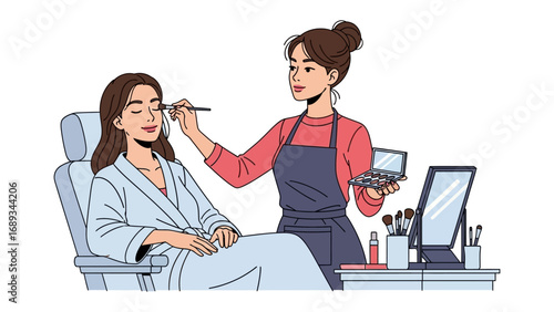 Professional makeup artist applying eye shadow to a client in a salon setting with beauty tools