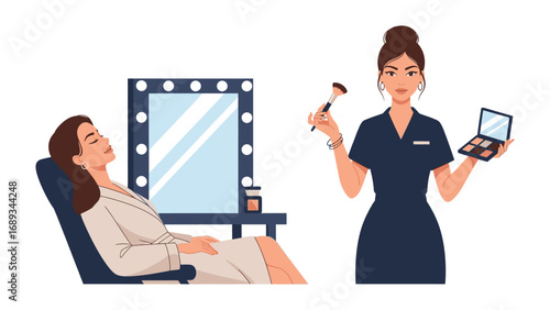 Professional makeup artist applying cosmetics to a client in a salon with a lighted vanity mirror