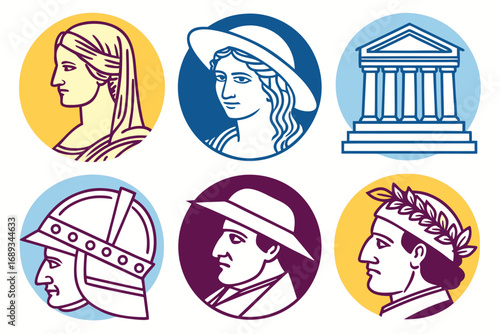 Six circular icons depicting historical figures and a building in profile symbol history