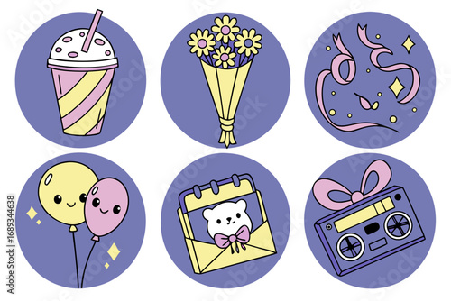 Six circular icons with cute cartoon objects and pastel colors pink