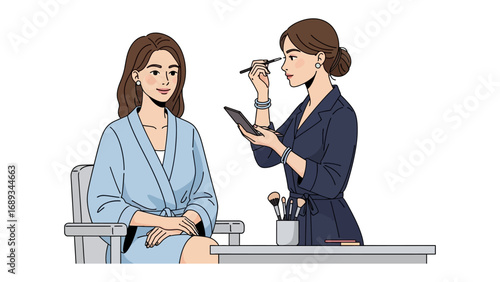 Professional makeup artist applying cosmetics to a client in a salon setting with tools