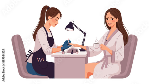 Professional manicurist attends to client receiving a detailed nail care treatment in a salon setting