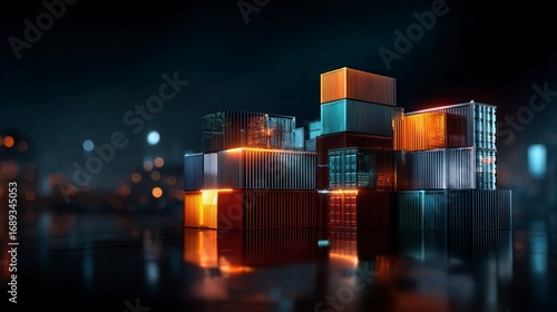 Dramatic illuminated shipping containers stacked at night port with colorful orange and teal lighting against dark background, global logistics and freight transportation concept with free copy space