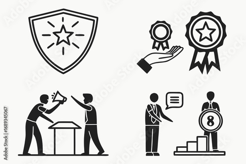 Set of eight black glyph icons representing achievement recognition and communication symbol award
