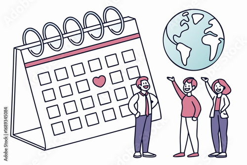 A desk calendar with a heart icon and three smiling people near a globe love date