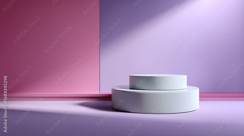 Fototapeta premium Minimalist white cylinder podium on a modern studio background with pink and purple walls and soft window shadow for product display