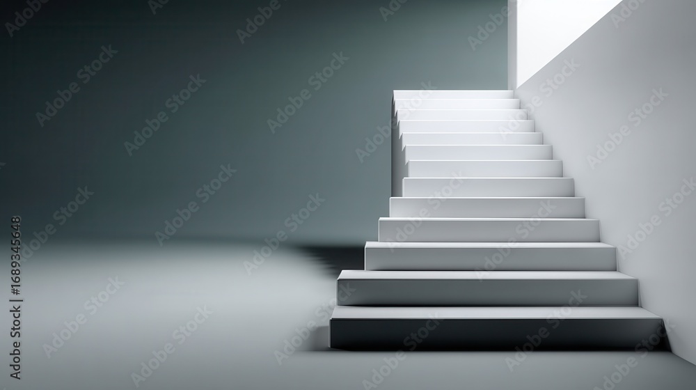 Fototapeta premium Minimalist white staircase ascending towards a bright light symbolizing success, ambition, and future opportunities
