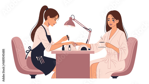 Professional nail technician carefully applying polish to a client s hand in a salon setting