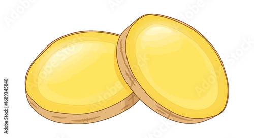 Two slices of fresh potato with yellow flesh and brown skin