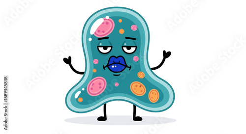 Funny cartoon amoeba character with big blue lips and tired eyes