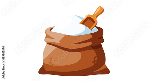 Brown burlap sack filled with white sugar and a wooden scoop