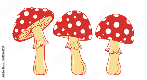 Three cartoon fly agaric mushrooms with red caps and white spots