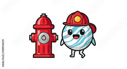 Cute candy firefighter character standing next to a red fire hydrant