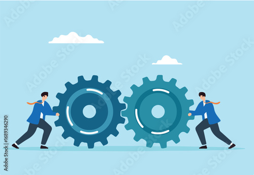 Flat illustration of two businessmen pushing large interlocking gears teamwork collaboration cooperation working together and joint effort in business operations