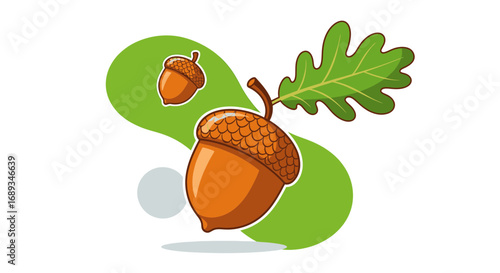 Cute cartoon acorns and oak leaf on a white background