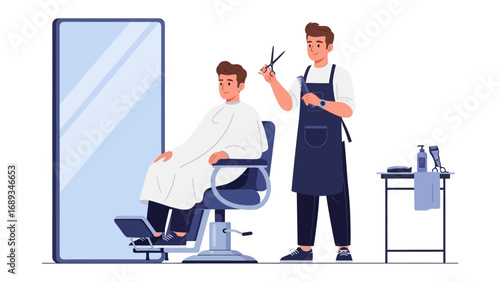 Professional barber in apron carefully cuts client s hair with scissors in a modern salon setting